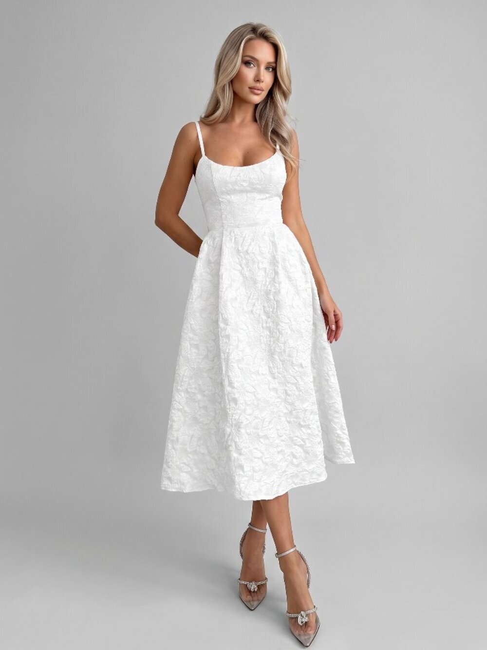 Women's White Textured Midi Dress Spaghetti Strap Wedding Party Vacation